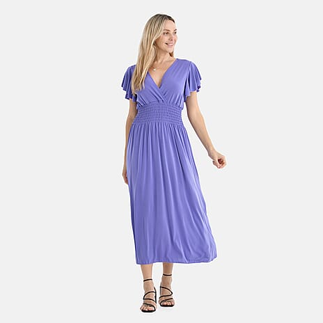 - Maisi Flutter Sleeves V-Neck Smocked Maxi Dress (One Size Curve) - Blue