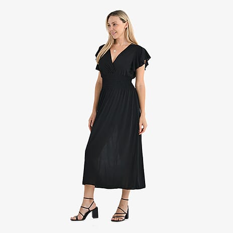 THE STYLE STATEMENT- - Maisi Flutter Sleeves V-Neck Smocked Midi Dress (One Size) - Black