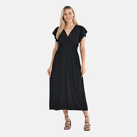THE STYLE STATEMENT- - Maisi Flutter Sleeves V-Neck Smocked Midi Dress (One Size) - Black