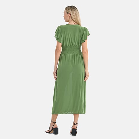- Maisi Flutter Sleeves V-Neck Smocked Maxi Dress (One Size) - Green