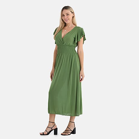 - Maisi Flutter Sleeves V-Neck Smocked Maxi Dress (One Size) - Green