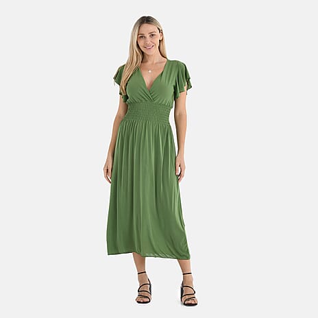 - Maisi Flutter Sleeves V-Neck Smocked Maxi Dress (One Size) - Green
