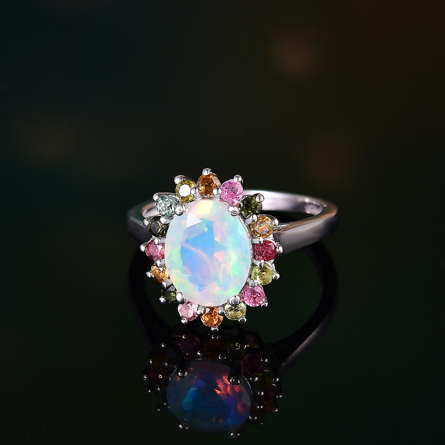 Ethiopian Opal & Multi-Tourmaline Solitaire Ring in Rhodium Overlay Sterling Silver 2.21 Ct. Ethiopian Opal & Multi-Tourmaline Solitaire Ring in Rhodium Overlay Sterling Silver 2.21 Ct.