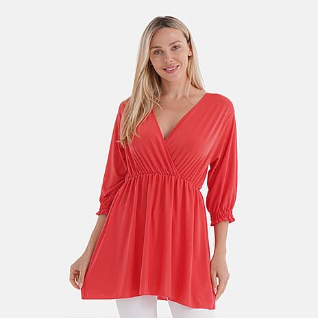 Tamsy Smocked Waist V-Neck Top (One Size) - Orange