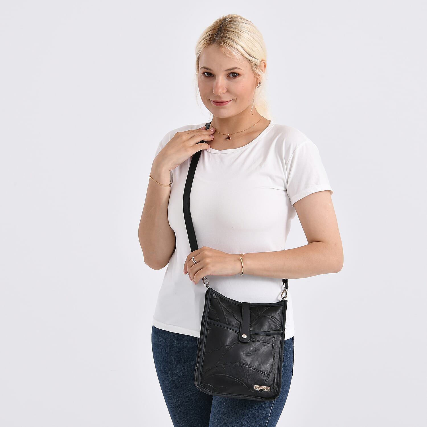 Styled By Patchwork Crossbody Bag with Adjustable Shoulder Strap - Black