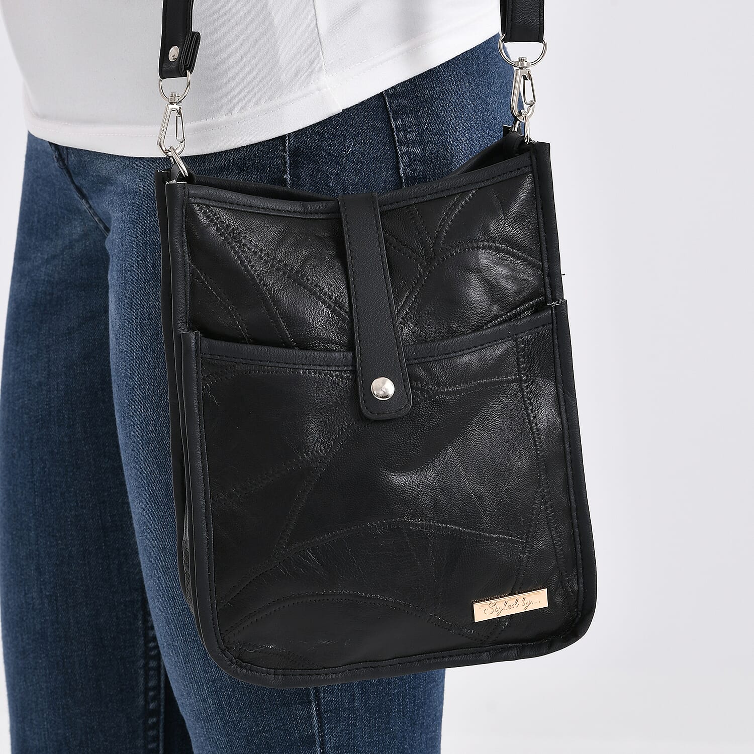 Styled By Patchwork Crossbody Bag with Adjustable Shoulder Strap - Black