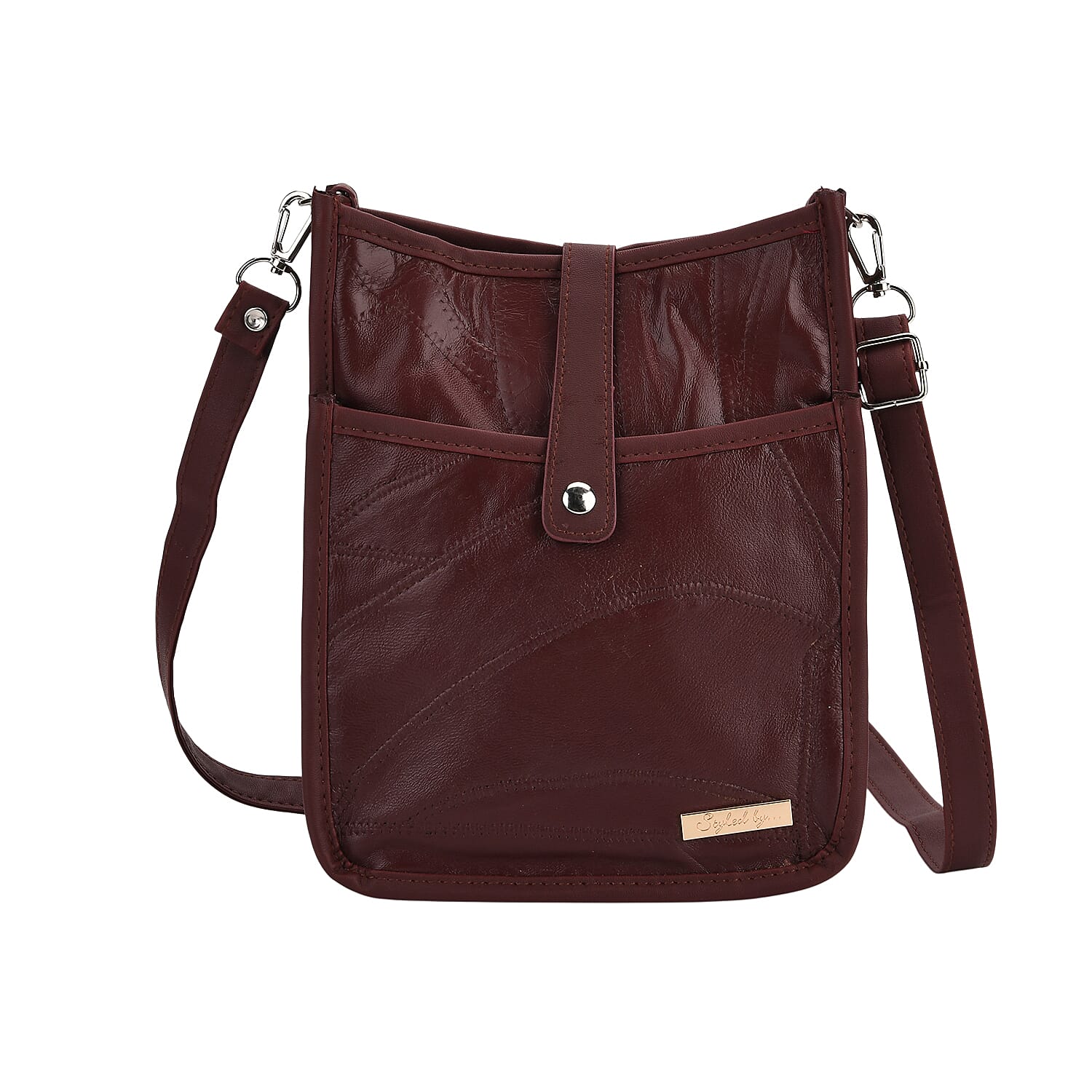 Styled By Patchwork Crossbody Bag with Adjustable Shoulder Strap - Burgundy