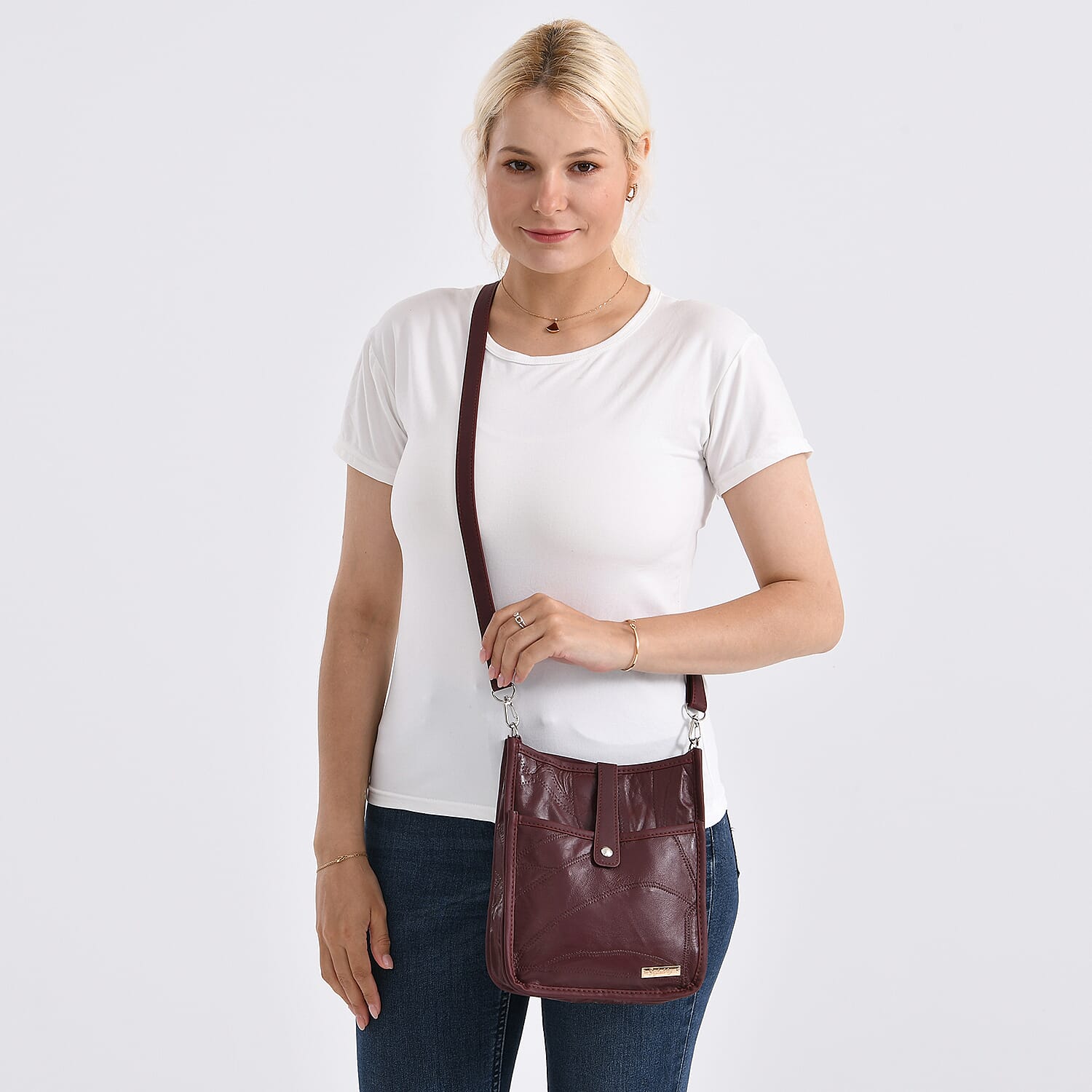 Styled By Patchwork Crossbody Bag with Adjustable Shoulder Strap - Burgundy