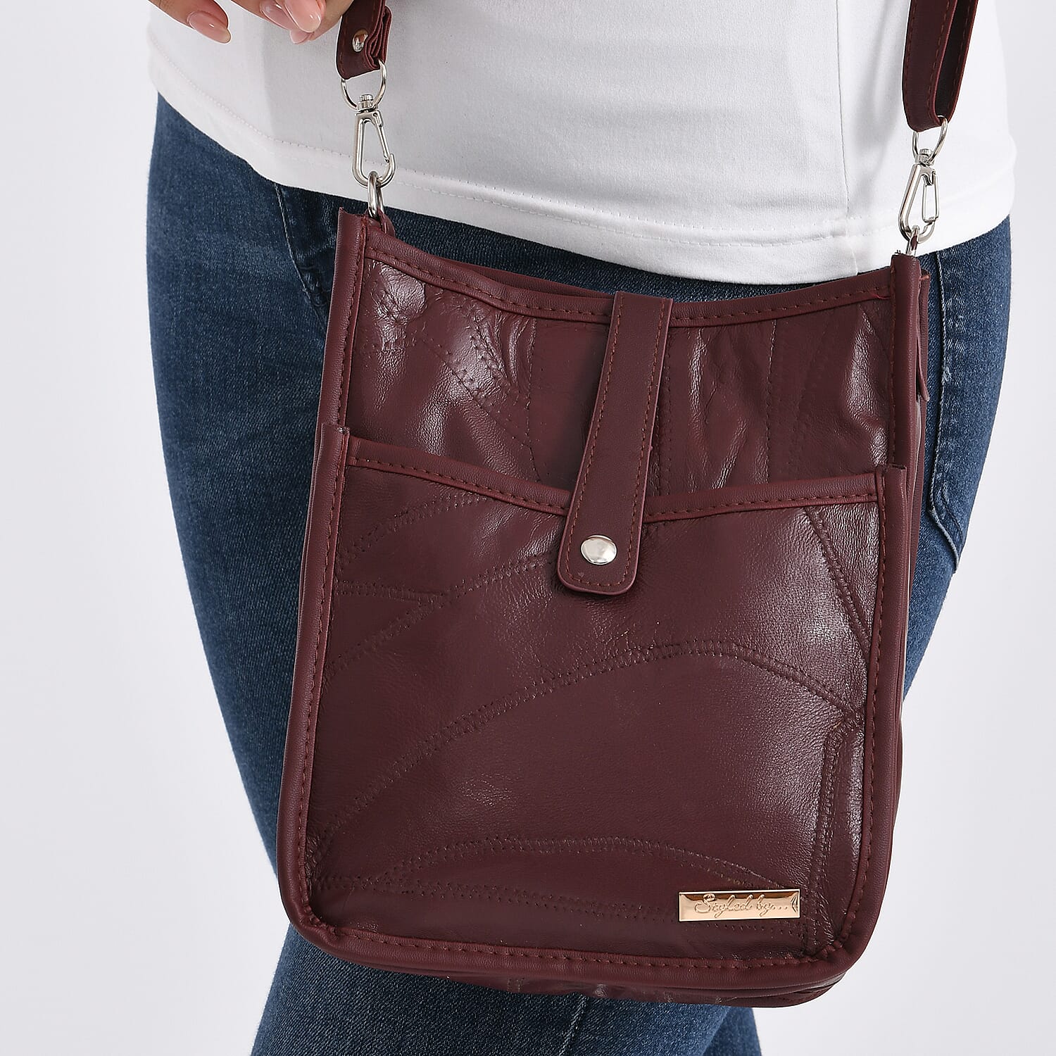 Styled By Patchwork Crossbody Bag with Adjustable Shoulder Strap - Burgundy
