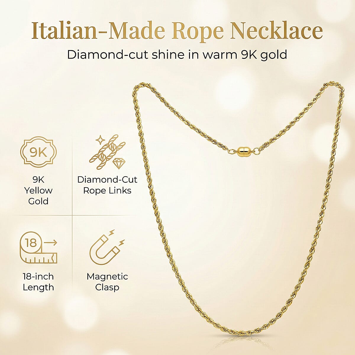 Italian Made 9K Yellow Gold Diamond Cut Rope Necklace (Size 18) with Magnetic Clasp