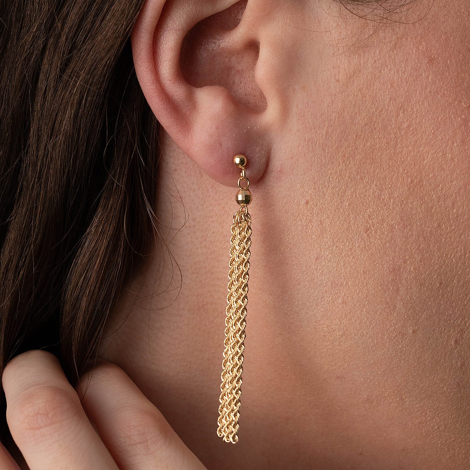 Maestro Collection - 9K Yellow Gold Tassel Rope Earring with Push Back (Length 62.20mm).