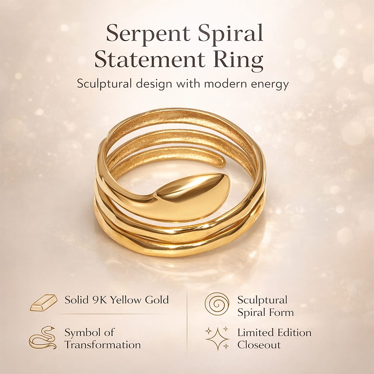 GOLD SMACKDOWN BIGGEST FIND- Designer Closeout -  Premium  SERPENT Design 9k Yellow Gold Ring- Limited Edition