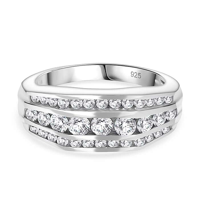 Moissanite Unisex Ring in Rhodium Overlay Sterling Silver 1.38 Ct.