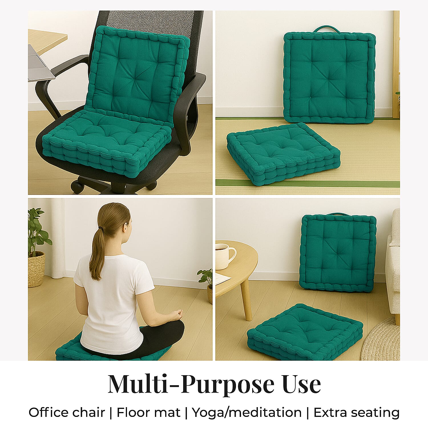 Set of 2 - 100% Cotton Floor Cushion with Cotton Filling (40x40x8cm) - Ocean Green