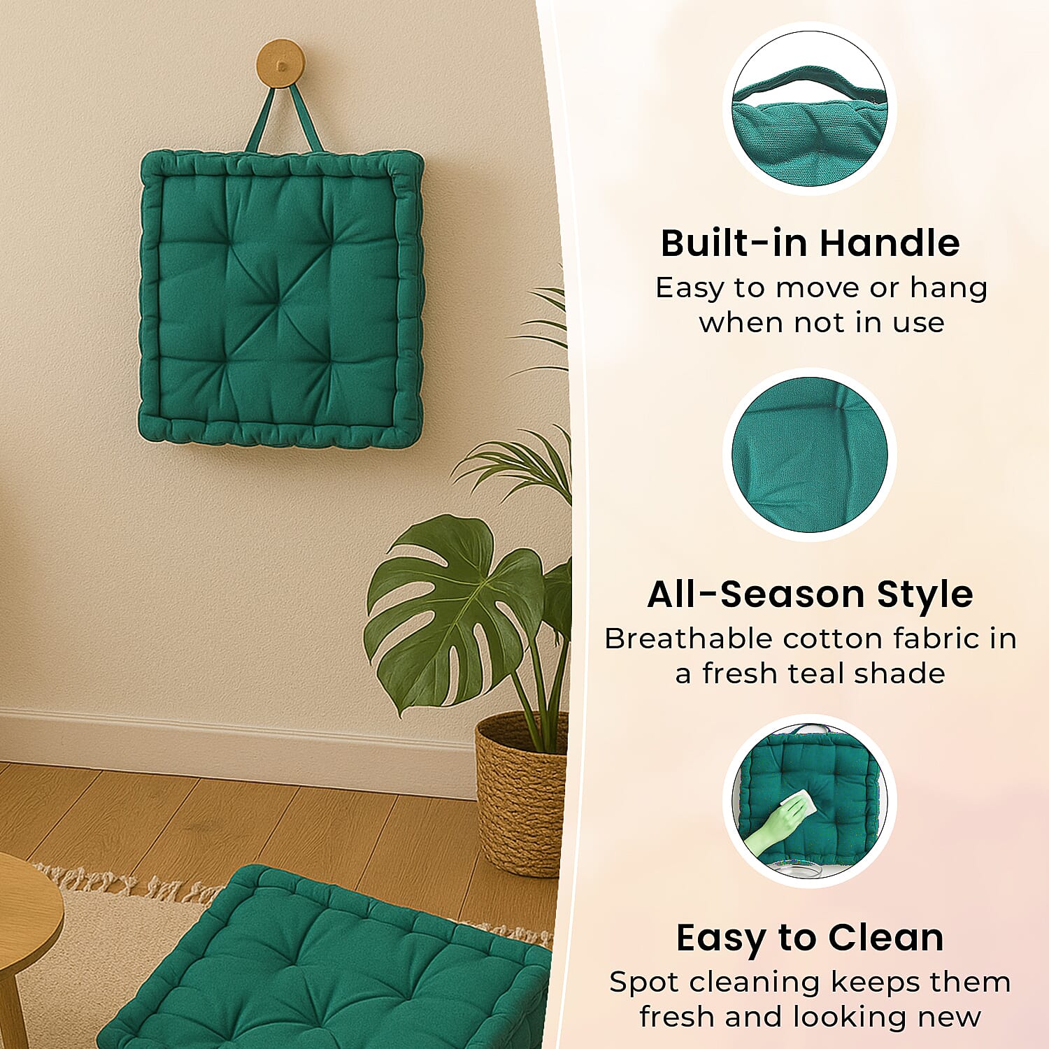 Set of 2 - 100% Cotton Floor Cushion with Cotton Filling (40x40x8cm) - Ocean Green