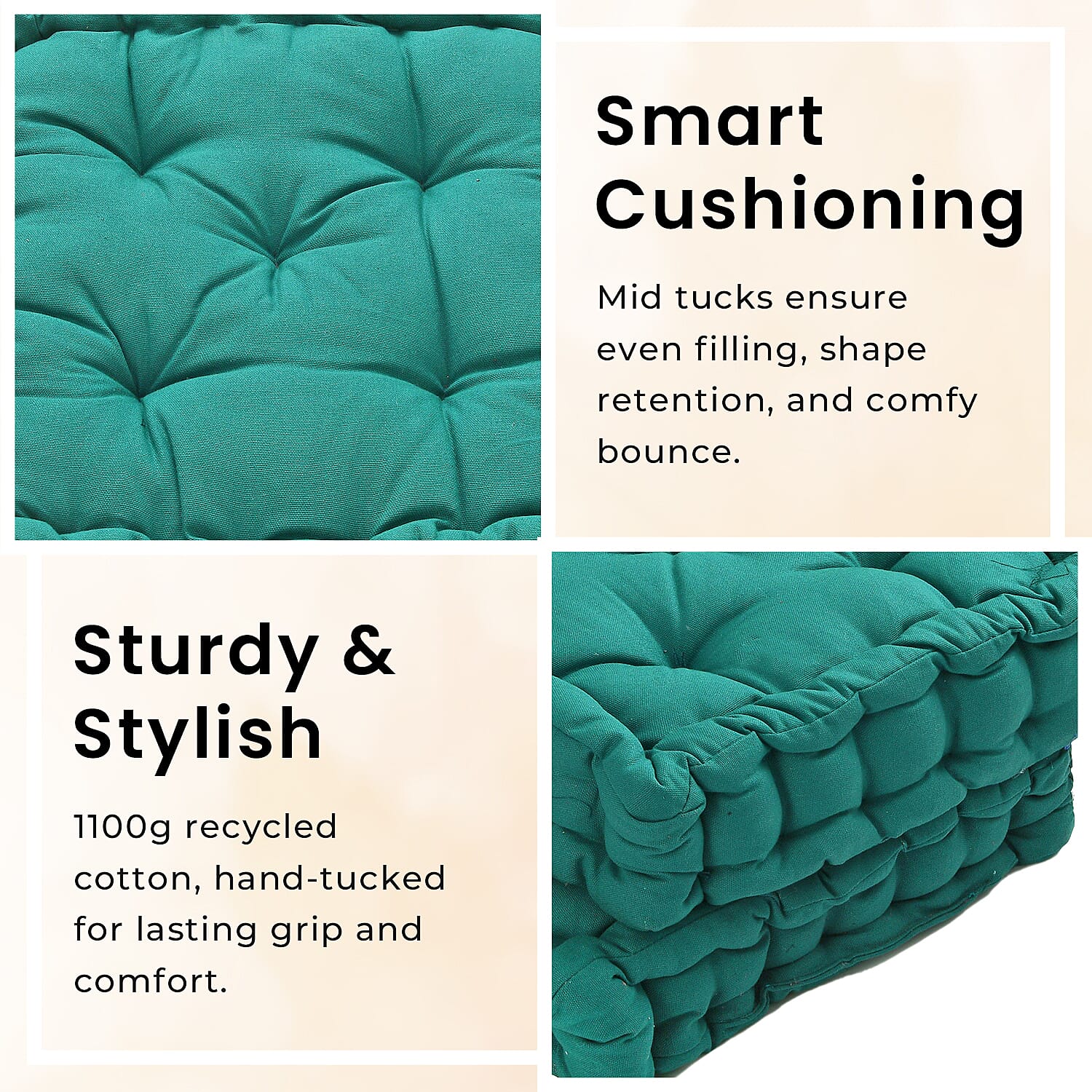 Set of 2 - 100% Cotton Floor Cushion with Cotton Filling (40x40x8cm) - Ocean Green