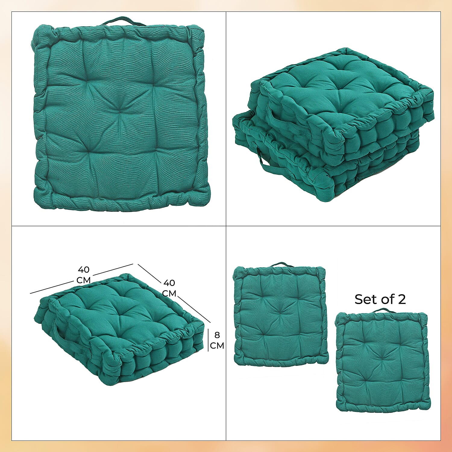 Set of 2 - 100% Cotton Floor Cushion with Cotton Filling (40x40x8cm) - Ocean Green