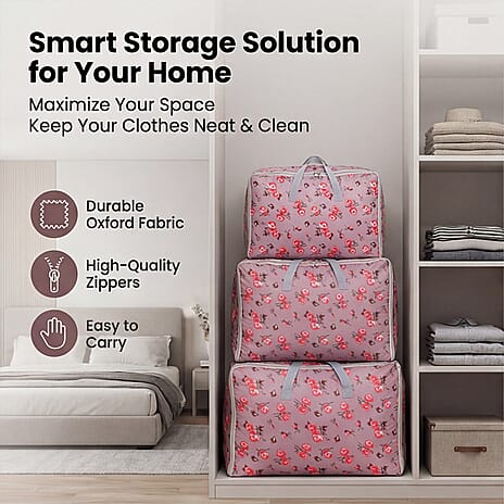 BLISS - BEYOND 4-Piece Floral Print Storage Bag Set - Light Brown - Pink