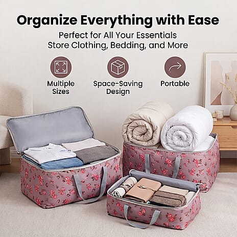 BLISS - BEYOND 4-Piece Floral Print Storage Bag Set - Light Brown - Pink