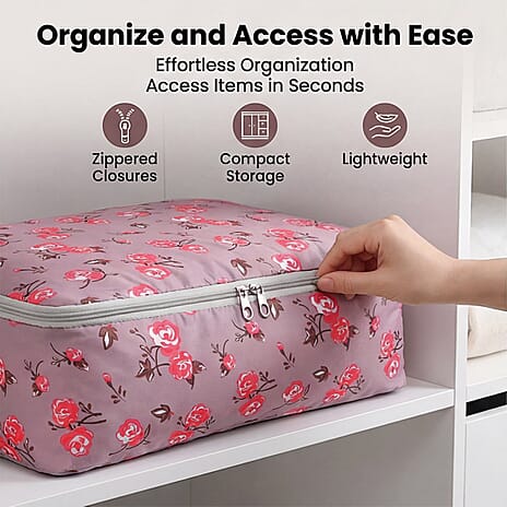 BLISS - BEYOND 4-Piece Floral Print Storage Bag Set - Light Brown - Pink