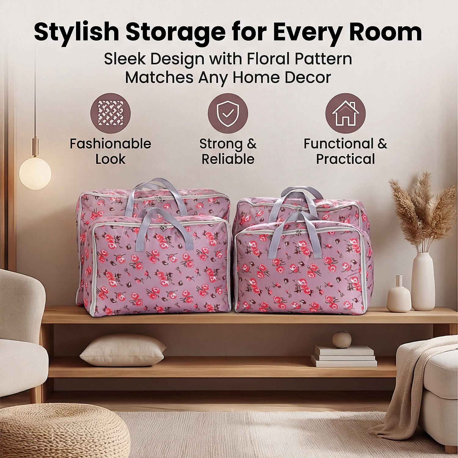 BLISS - BEYOND 4-Piece Floral Print Storage Bag Set - Light Brown - Pink