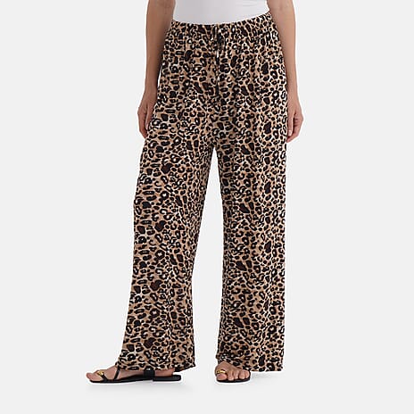 Tamsy Brown Leopard Print Wide-Leg Trousers with Elastic Waist (Size 18 to 24) - Beige