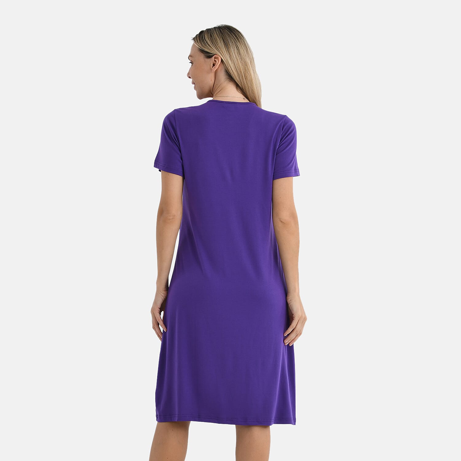 La Marey Casual Short Sleeve V-Neck Midi Dress with Embroidered Lace Trim (Size S) - Purple