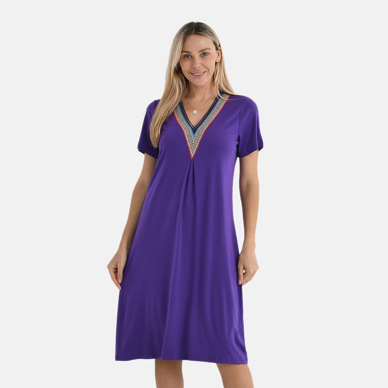 La Marey Casual Short Sleeve V-Neck Midi Dress with Embroidered Lace Trim (Size S) - Purple