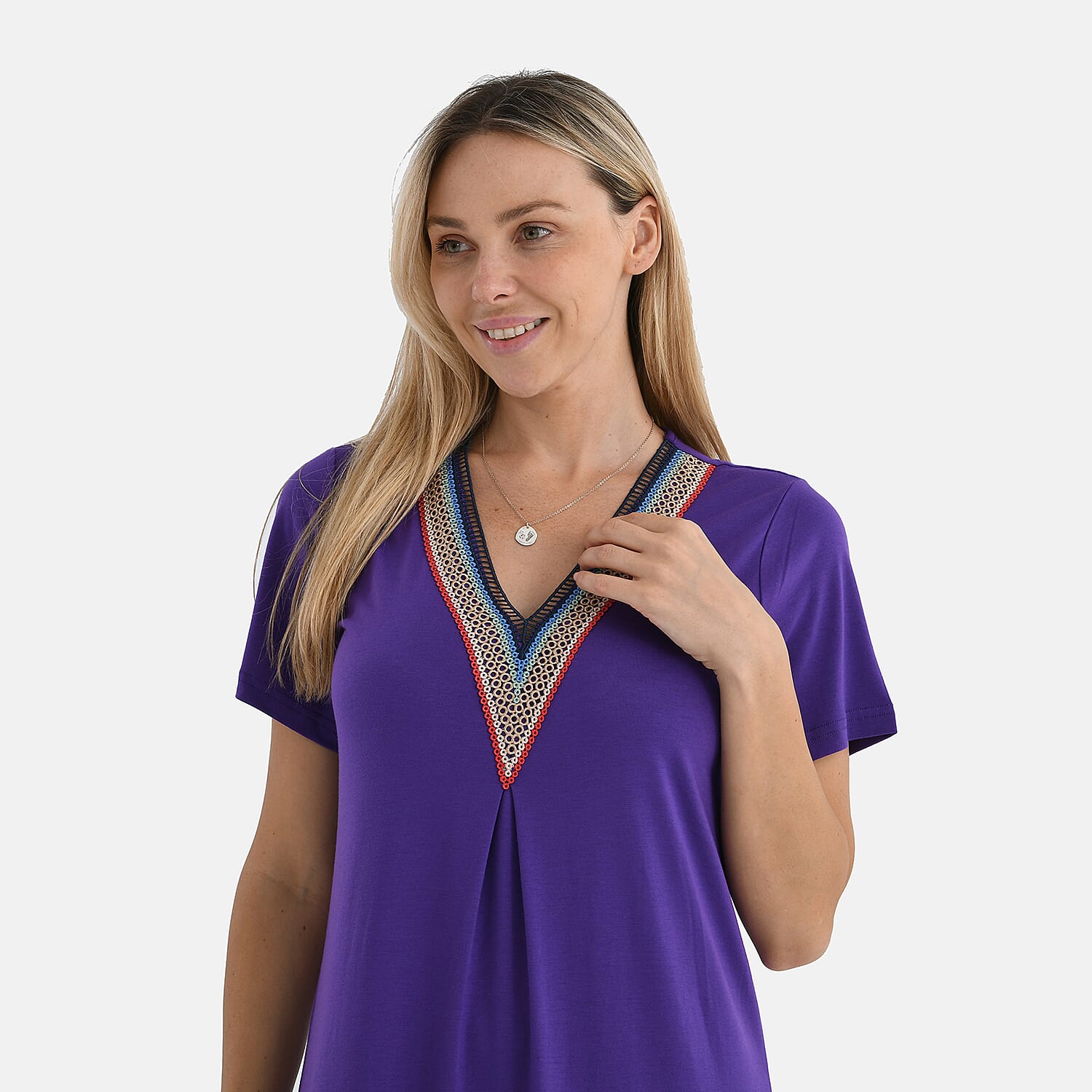 La Marey Casual Short Sleeve V-Neck Midi Dress with Embroidered Lace Trim (Size S) - Purple