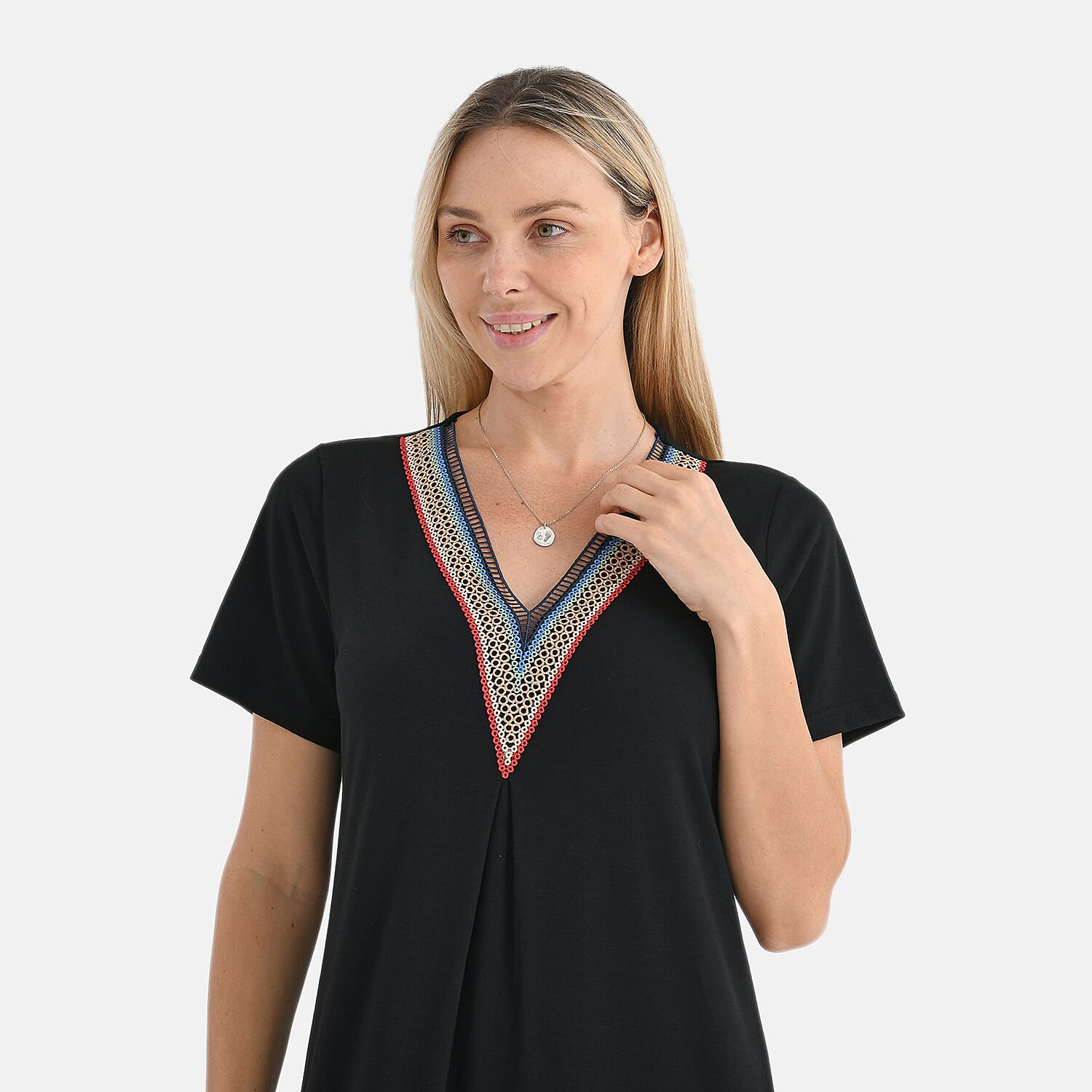 La Marey Casual Short Sleeve V-Neck Midi Dress with Embroidered Lace Trim (Size S) - Purple