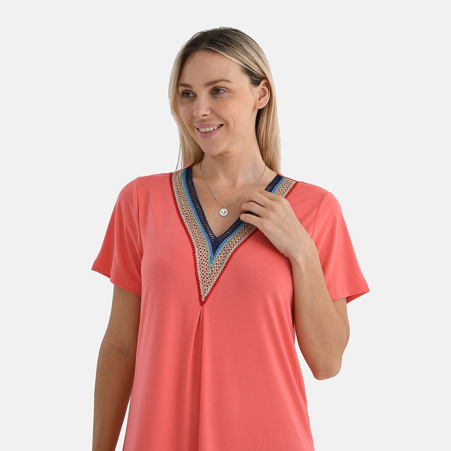 La Marey Casual Short Sleeve V-Neck Midi Dress with Embroidered Lace Trim (Size S) - Purple