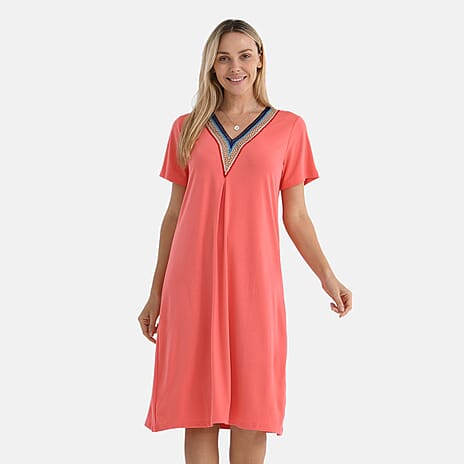 La Marey Casual Short Sleeve V-Neck Midi Dress with Embroidered Lace Trim (Size M) - Orange