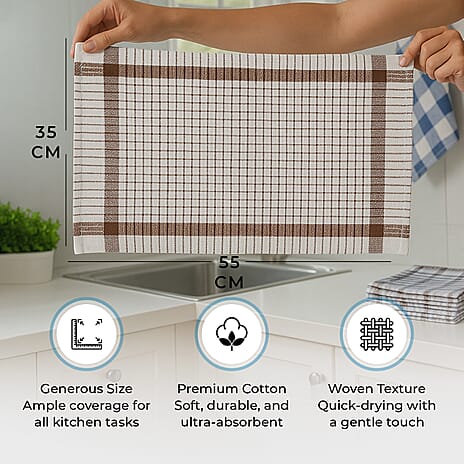 Set of 12- Cotton Kitchen Towels (Size 57x38cm) - Blue, Brown and Green