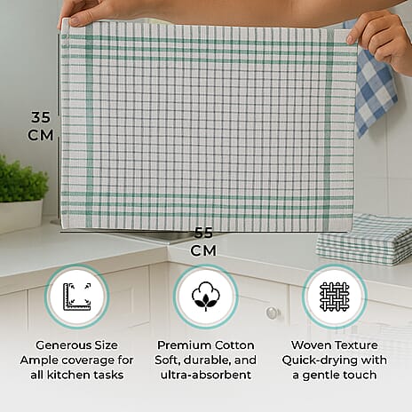 Set of 12- Cotton Kitchen Towels (Size 57x38cm) - Green