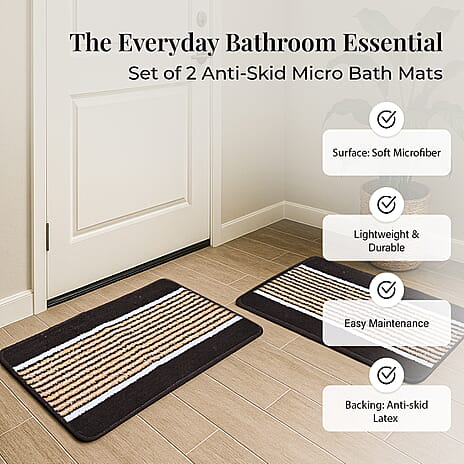 Set of 2- Anti-Skid Micro Bath Mats (Size 58x38cm) - Coffee