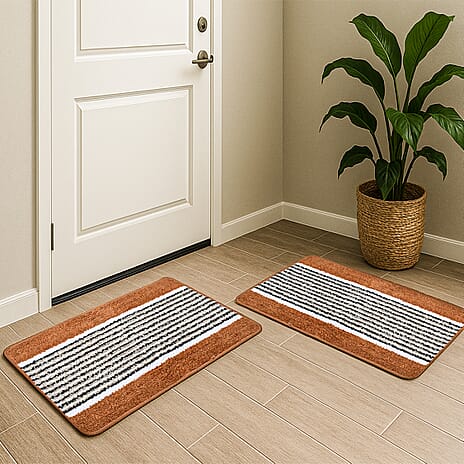 Set of 2- Anti-Skid Micro Bath Mats (Size 58x38cm) - Tan