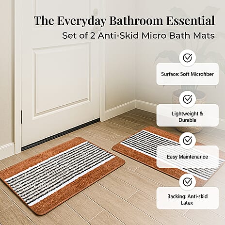 Set of 2- Anti-Skid Micro Bath Mats (Size 58x38cm) - Tan