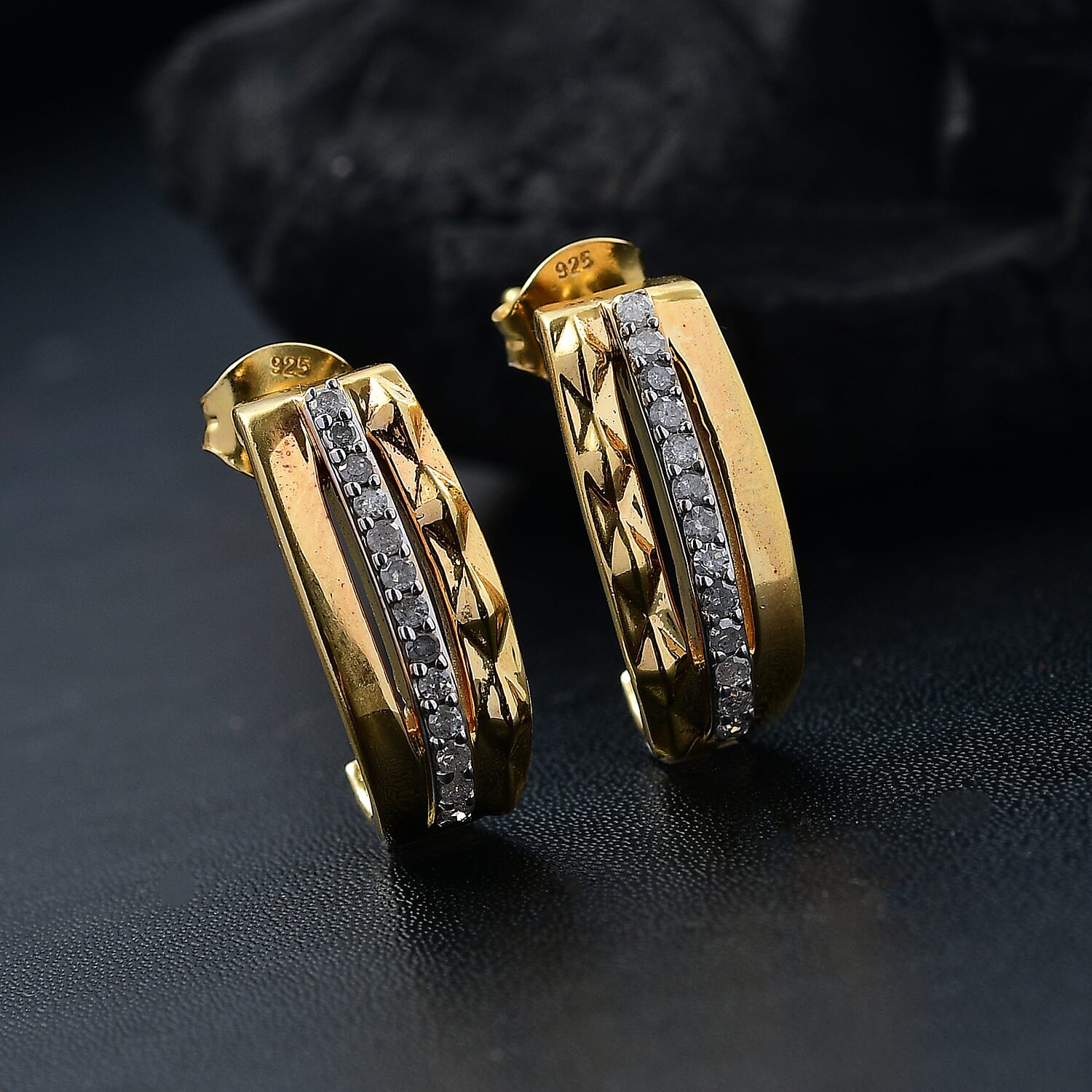 GP Milano Collection - White Diamond & Kanchanaburi Blue Sapphire Push Back Earring in 18K Vermeil Yellow Gold Plated Sterling Silver