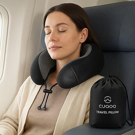 CUQOO Memory Foam Neck Travel Pillow with Travel Bag - Black