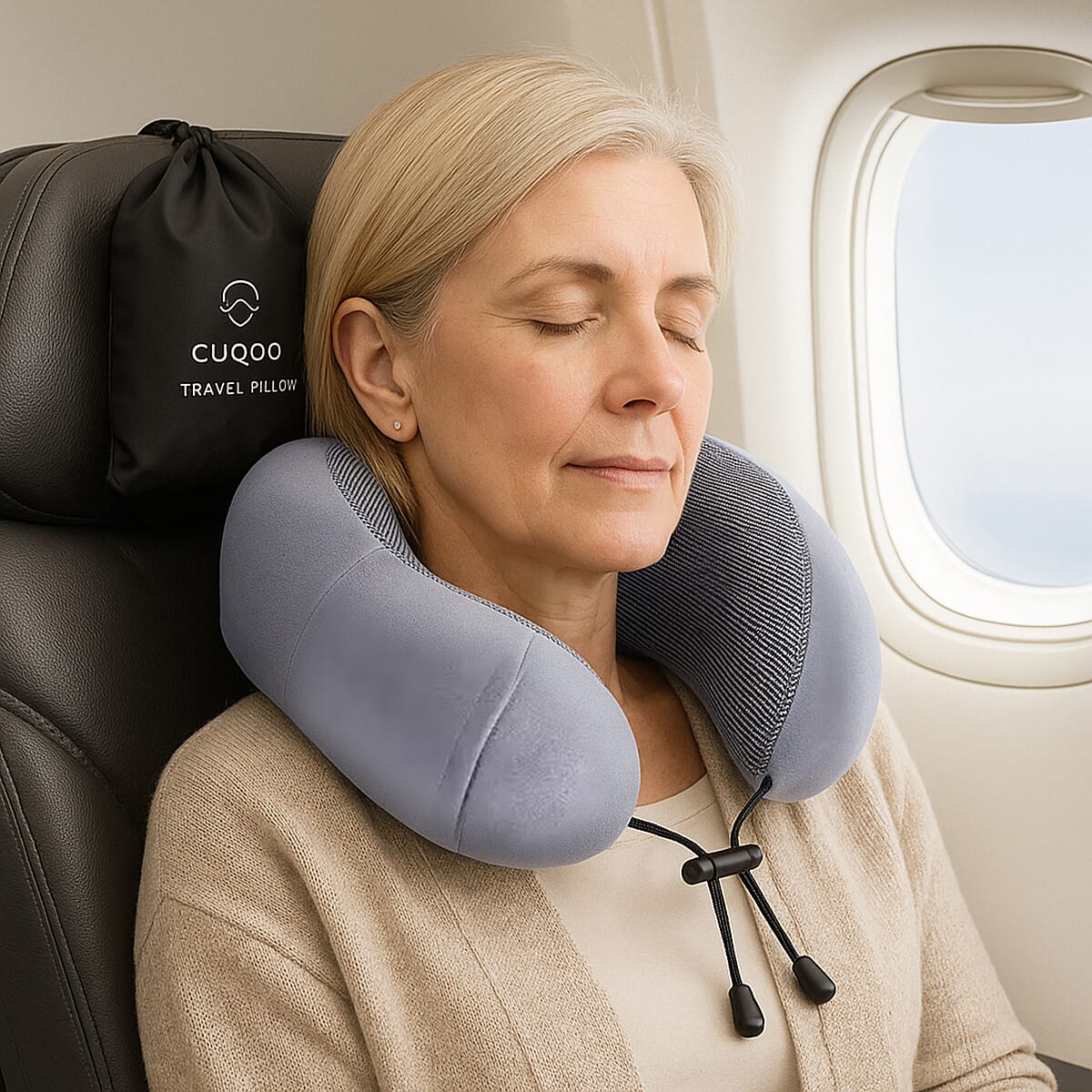 CUQOO Memory Foam Neck Travel Pillow with Travel Bag - Grey