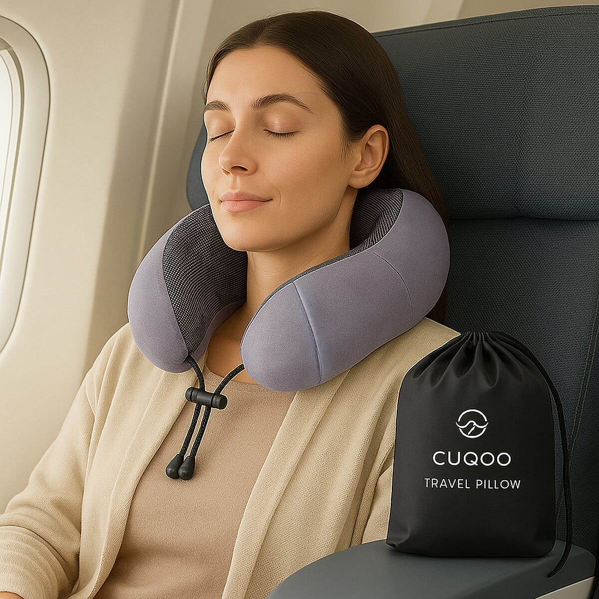 CUQOO Memory Foam Neck Travel Pillow with Travel Bag - Grey