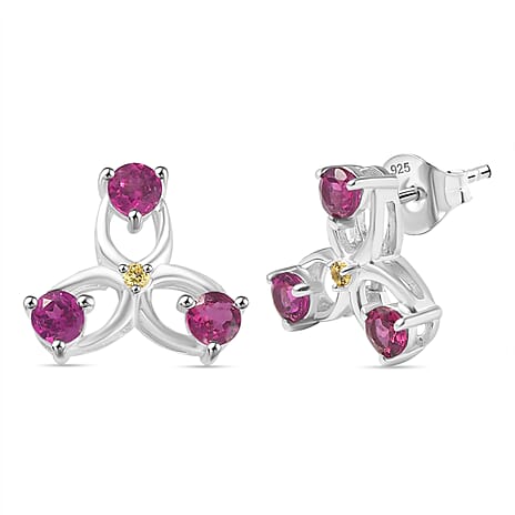 Rhodolite Garnet & Yellow Sapphire Solitaire Stud Push Back Earring in Rhodium Overlay Sterling Silver