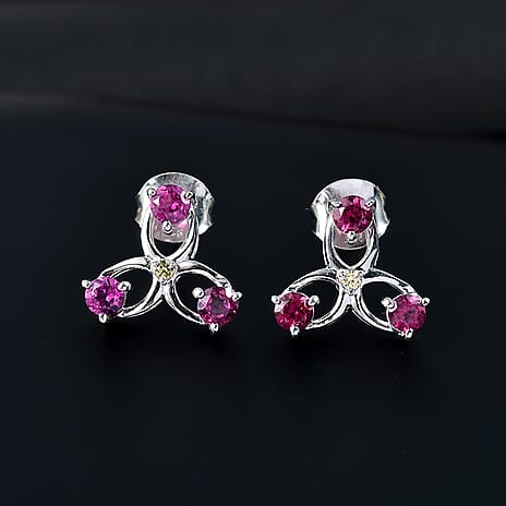 Rhodolite Garnet & Yellow Sapphire Solitaire Stud Push Back Earring in Rhodium Overlay Sterling Silver