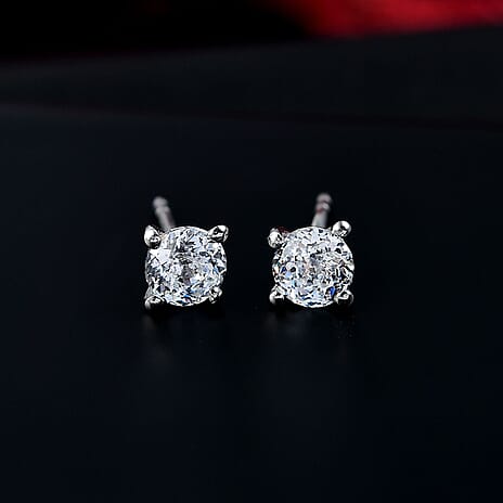 Swarovski Zirconia Solitaire Stud Push Back Earring in Platinum Overlay Sterling Silver 1.83 Ct.