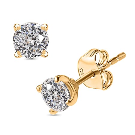 Swarovski Zirconia Sterling Silver Solitaire Stud Push Back Earring in 14K Yellow Gold Plated 1.79 Ct.