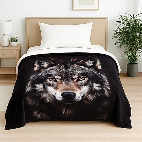 LAST IN STOCK Digital Wolf Print Flannel Cozy Throw (200x150 cm) - Black