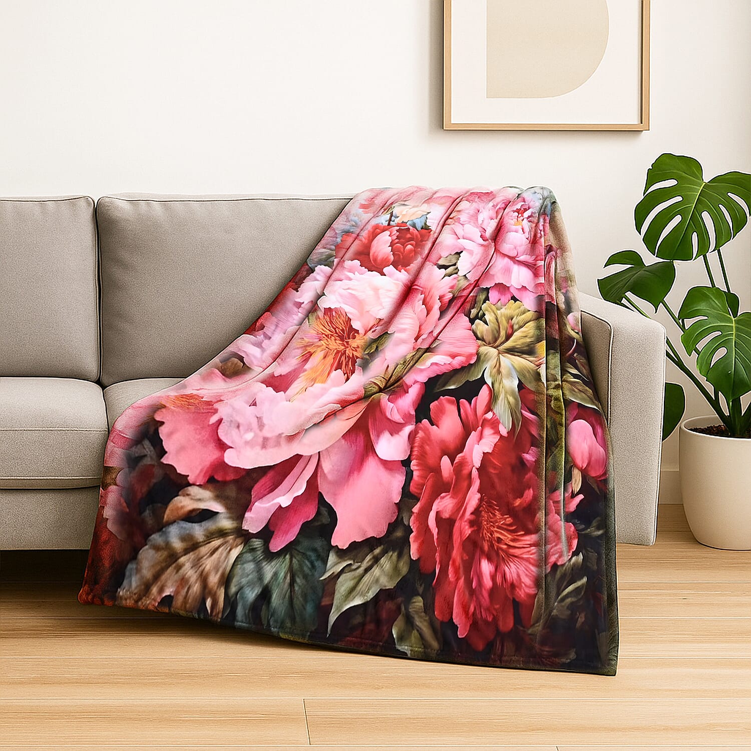 LAST IN STOCK Peony Pattern Digital Print Flannel Cozy Blanket (150x200 cm) - Pink