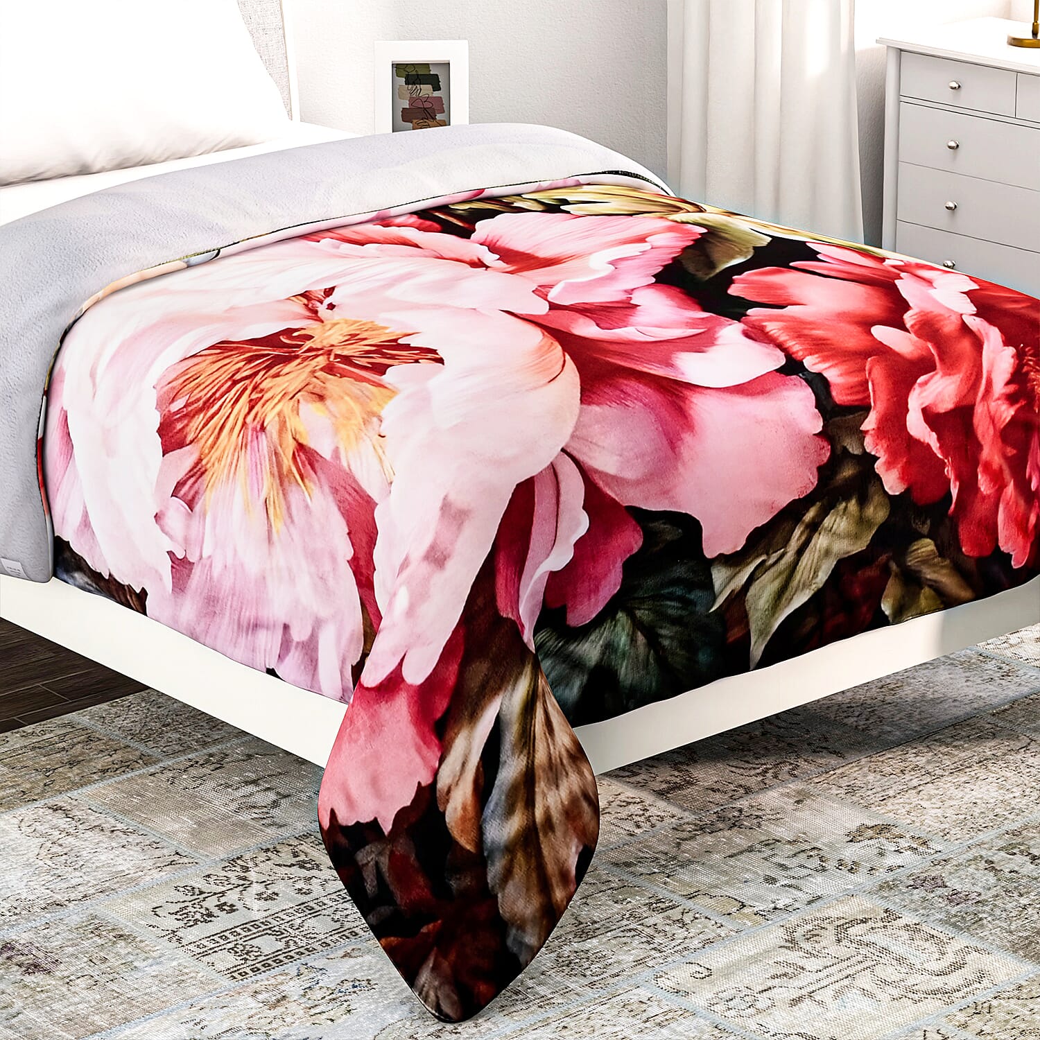 LAST IN STOCK Peony Pattern Digital Print Flannel Cozy Blanket (150x200 cm) - Pink