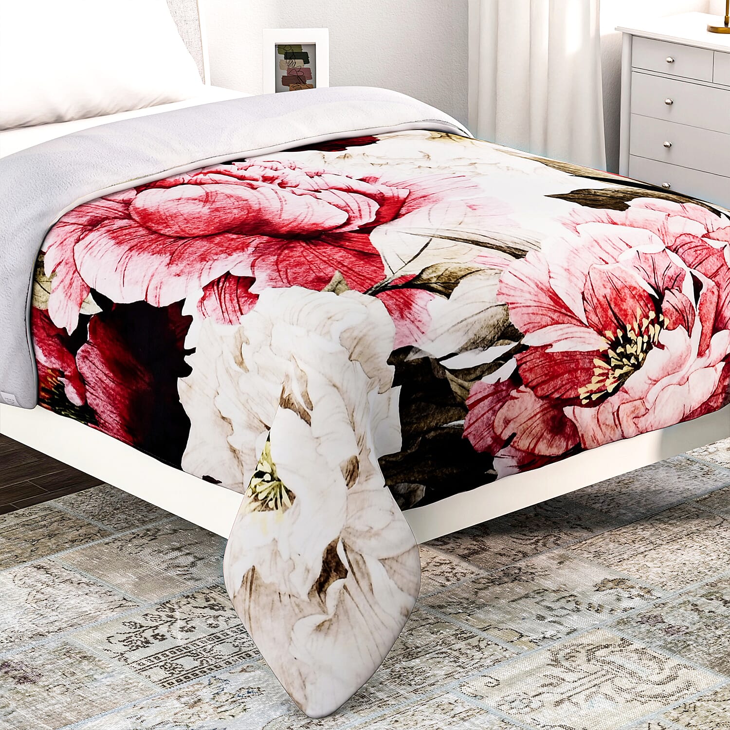 LAST IN STOCK Flower Pattern Digital Print Flannel Cozy Blanket (150x200 cm) - Pink