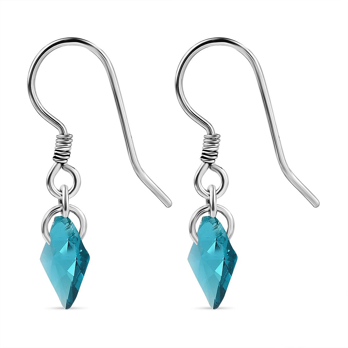 Blue Zircon Swarovski Crystal J Hoop Earring in Rhodium Overlay Sterling Silver 5.12 Ct.
